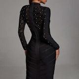 Women Evening Dress Mesh Long Sleeve Dress Bandage One-Piece Dress