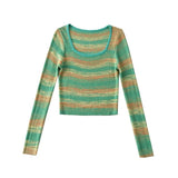 Women Sweater Knitwear Autumn Sexy Square Collar Striped Knitted T-shirt Long Sleeve Sweater