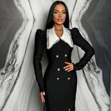Women Dresses Long Sleeve Lapel Double Breasted Long Dress Party Dress Skirt (Ont0408)
