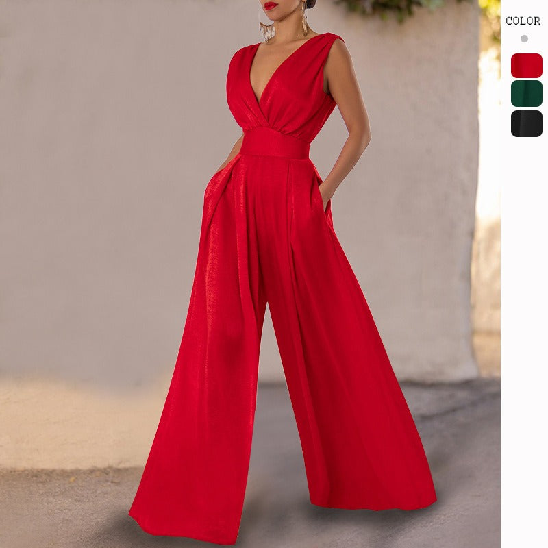 Women's pants: european and american fashionable summer slim-fit jumpsuit, high-waisted, slimming, straight-leg wide-leg pants for women