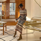 Women Maxi Dress Autumn Winter Retro Striped Knitted Dress