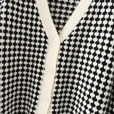 Women Sweater Knitwear Autumn Checkered Loose V-neck Knitted Cardigan Short Sweater