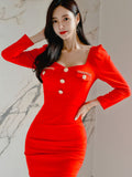 Women Maxi Dress Fall/Winter Square Collar Puff Sleeve Slim Fit Sheath Dress