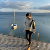 Women Sweater Knitwear Autumn Loose Black and White Striped Top Turtleneck Base Knitwear Sweater