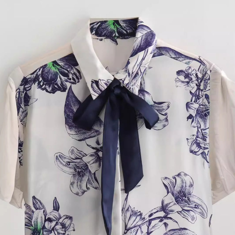 Women Tops Summer Bow Shirt Single-Breasted Top