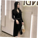 Women Maxi Dress Autumn and Winter V-neck Lace Dress Long Sleeve Pleuche