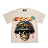 Hip-hop t-shirts: american skull warrior print, relaxed fit, washed vintage, distressed, casual, trendy short-sleeve tee