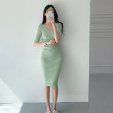 Women Dresses Autumn Retro V-neck Thin Knitted Dress Hip Skirt