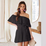 Women's summer solid color sexy pleated short sleeve jumpsuit casual vacation one-piece off-the-shoulder shorts