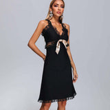 Women Evening Dress V Lace Bow Bandage One-Piece Dress