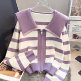 Women Knitwear Autumn and Winter Striped Doll Collar Double Zipper Sweaters Cardigan