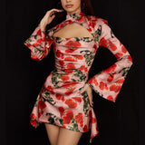 Harlem Night Attire Dress Hollow Sexy Floral Skirt Printed Cheongsam Dress