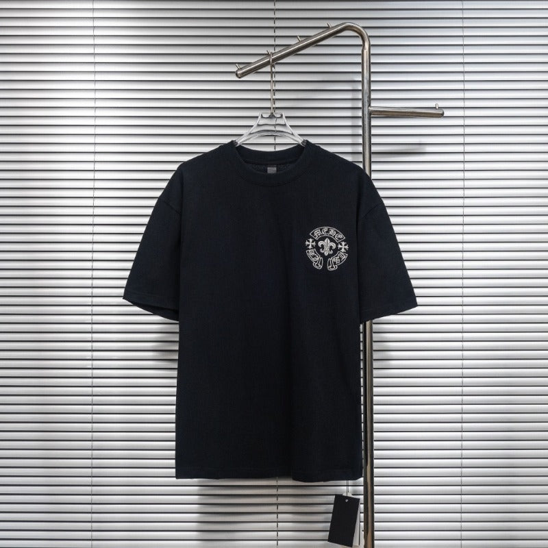 Ch hip-hop t shirts ch correct version summer sanskrit horseshoe cross patch leather label embroider short-sleeved t-shirt couple