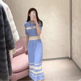 Women Maxi Dress Spring and Autumn Stripes Lapel Slim-Fit Short-Sleeved Knitted Long Dress