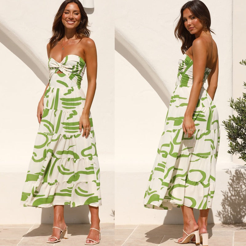 Women Dresses Summer V-neck Backless Print Sexy Suspenders Dress (Jkw0408)