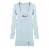 Women Dresses Square Collar Dress Sexy Embroidery Letter Sheath Long Sleeve Short Dress