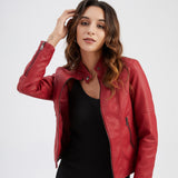 Red Leather Jacket Spring and Autumn Coat Women's Motorcycle Clothing Stand Collar Leather Jacket