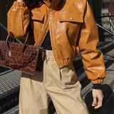Women Leather Jacket Fall/Winter Leather Jacket Coat Women's Loose Lapels PU Leather Motorcycle Top