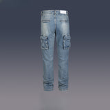 MIJKO Men Vintage Pants MIJKO Pocket Tooling Trousers Washed White Straight Street Jeans