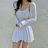 Women Dresses U-Neck Sling Pleated Dress Cardigan Button Long Sleeve Jacket Two-Piece Short Skirt
