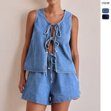 Women's pants: cross-border european and american style summer fashion casual sleeveless tie-waist high-waisted women's vest denim set shorts