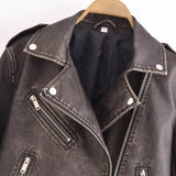 Women Leather Jacket Autumn Washed Leather Worn Motorcycle Jacket