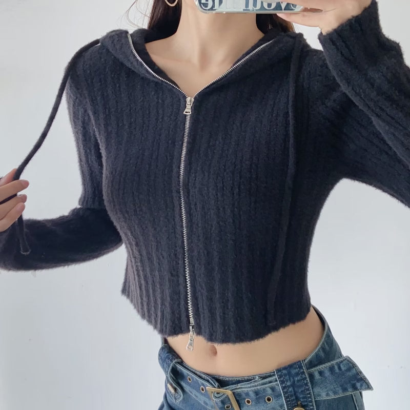 Women Sweater Knitwear Cropped Hoodie Knitted Cardigan Sweater Women's Autumn Navel Zipper Coat Top