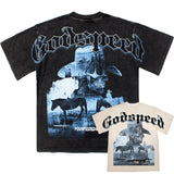 Hip-hop t shirts american retro wrangler skull printing washed and distressed summer t-shirt high street loose short-sleeved t