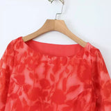 Women Dresses Summer Rose Printed Long Sleeve Dress Bell Sleeve Slim Fit Long Dress (Xds0414)