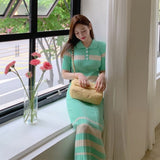 Women Maxi Dress Spring and Autumn Stripes Lapel Slim-Fit Short-Sleeved Knitted Long Dress