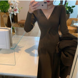 Women Maxi Dress Autumn and Winter V-neck Long Sleeve Knitted Dress Dress