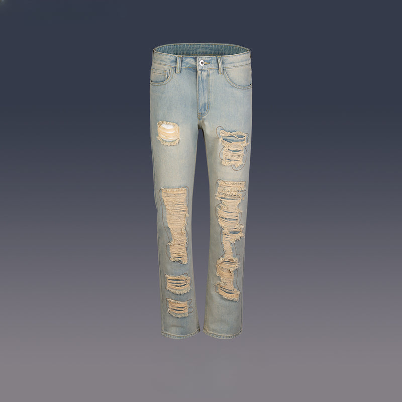 MIJKO Men's Vintage Pants MIJKO Ripped Washed Men's and Women's Straight Old Slim-Fit Jeans