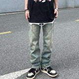 Men Jeans Washed Distressed Stitching Jeans Loose Straight Trousers