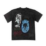 Hip-hop t-shirts: american high street dragon & tiger pentagram print, washed, distressed, vintage, oversized short sleeve tee