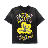 Hip-hop t-shirts: american high street style, short sleeve, washed and distressed, colorful lettering, electric shock print, relaxed fit, short sleeve tee