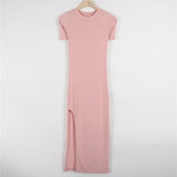 Women Dresses Pink Split Sexy Dress Short Sleeve round Neck Dress