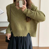 Women Knitted Pullover Short Autumn and Winter V-neck Sweater Loose Top