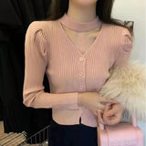 Women Knitted Cardigan Puff Sleeve Sweater Fall V-neck Top