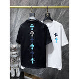 Ch hip-hop t shirts high street ch couple heavy industry colorful leather cross contrasting color short sleeve american style versatile