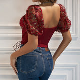 Women Party Tops Halter Perspective Butterfly Embroidered Suspender Mesh Vest