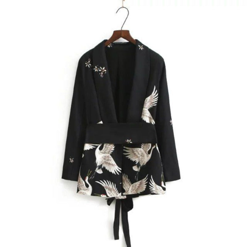 Women Suits Crane Print Blazer Culottes Wide Leg Pants Suit