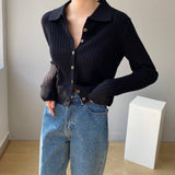 Women Knitwear Autumn Polo Collar Sweater Vintage Slim-Fit Knitted Cardigan