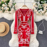 Women Maxi Dress Autumn Winter Sexy Long Sleeve V-neck Hip Knitted Dress
