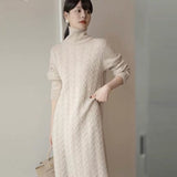 Women Maxi Dress Autumn Winter Retro Turtleneck Knitting Dress