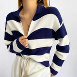 Women Sweater Knitwear Autumn and Winter Loose Striped Sweater Women's Casual Long-Sleeved Polo Top