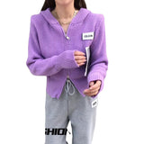 Women Knitted Cardigan Spring and Autumn Zipper Hooded Sweater