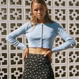 Women Sweater Knitwear Autumn Retro Crew Neck Front Row Buckle Slim Fit Short Knitted Cardigan Top