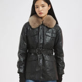 Women Leather Jacket Autumn and Winter Fur Collar Waistband Mid-Length Thick Fur Coat