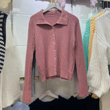 Women Knitwear Autumn Polo Collar Sweater Vintage Slim-Fit Knitted Cardigan