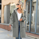 Women Trench Coat Autumn and Winter Long Single-Breasted Lapel Pocket Solid Color Plush Coat Jacket